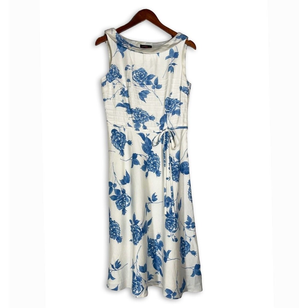 Cynthia Howie Blue White Floral Linen Rayon Blend Dress Size 6 Retro Chic